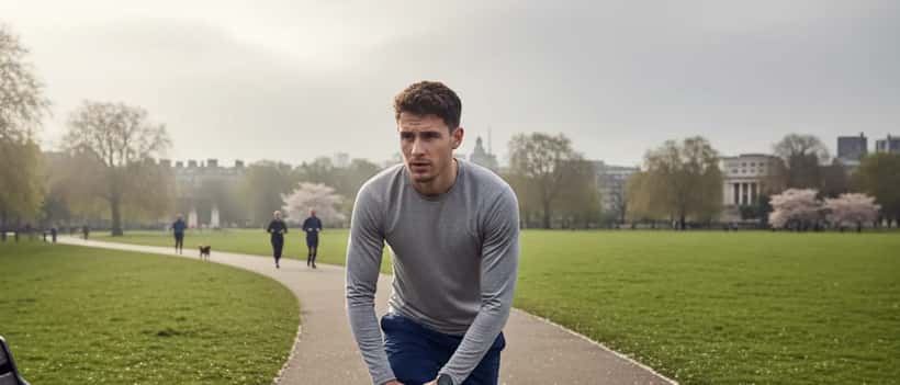 Amateur runner stretching knee during London Marathon 2026 training in a park