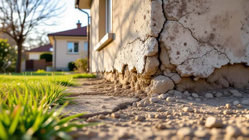 Fissure diagonale sur façade d'une maison française en zone argileuse, sol argileux craquelé au pied des fondations en pleine sécheresse 2026
