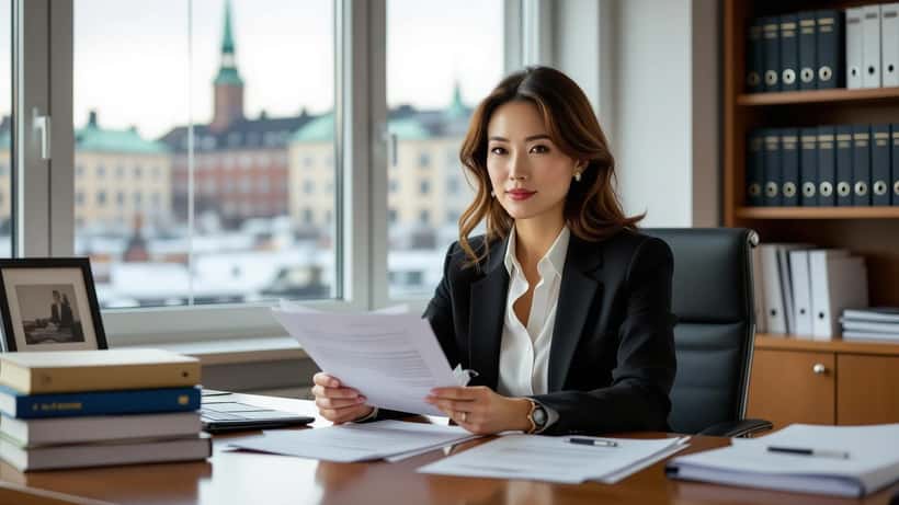 Kvinna granskar juridiska dokument vid skrivbord i Stockholmsadvokatbyrå
