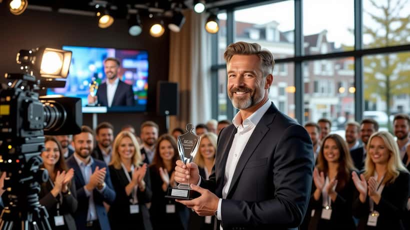 Reinout Oerlemans ontvangt de Media Oeuvre Award 2026 op een televisieawardceremonie in Amsterdam