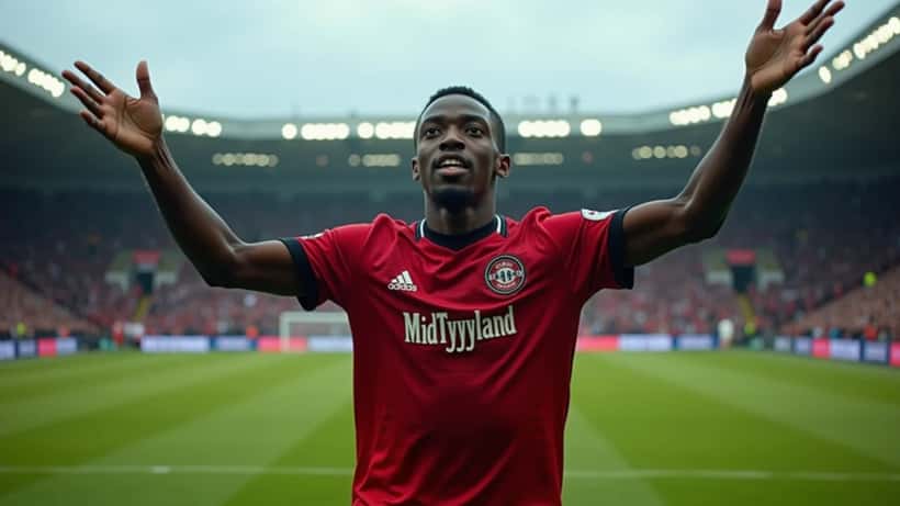 Ung fodboldspiller fejrer mål på dansk Superliga-stadion i FC Midtjylland-trøje