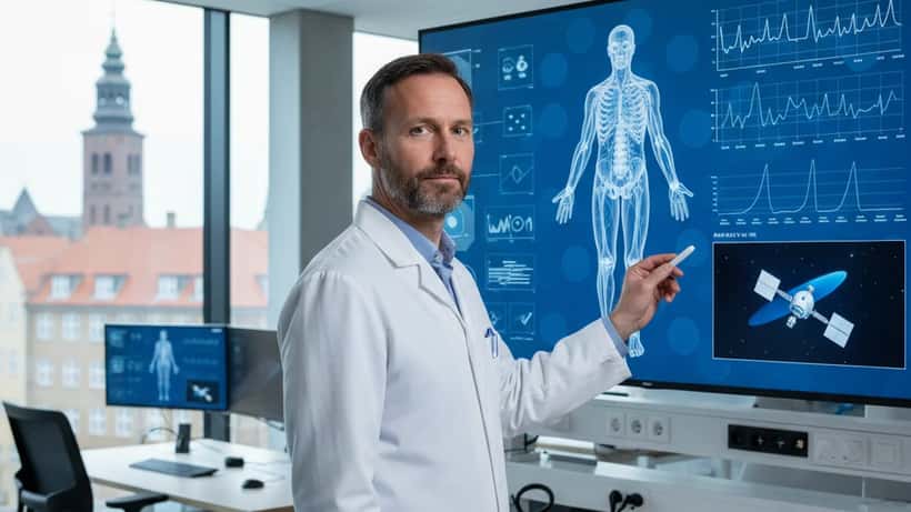 Dansk speciallæge analyserer astronaut helbredsdata på skærm i Copenhagen medicinsk forskningslaboratorium