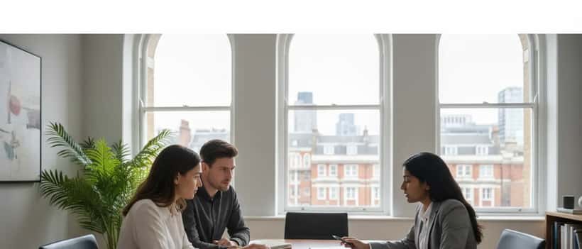 British couple consulting a family law solicitor about property rights in a London office