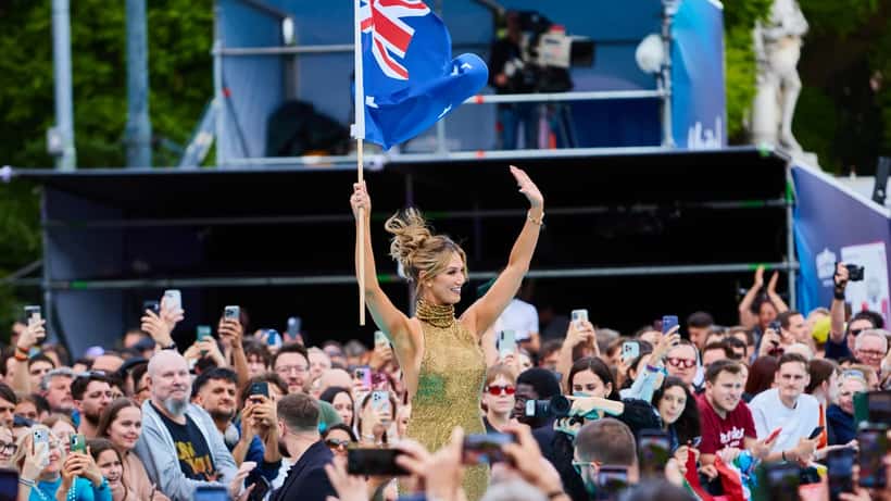 Delta Goodrem beim ESC 2026 Turquoise Carpet Event in Wien, australische Sängerin und Hodgkin-Lymphom-Überlebende