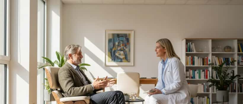 Älterer Mann im Arztgespräch, offene Kommunikation über Burnout und Gesundheit
