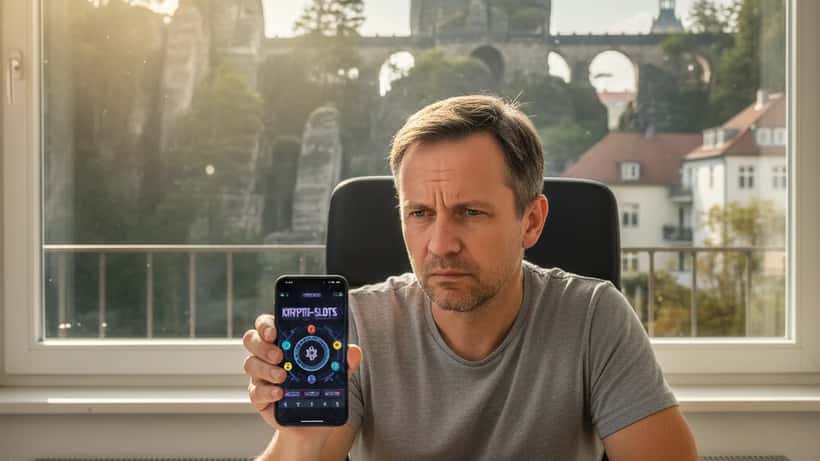 Deutsches Paar schaut skeptisch auf Smartphone mit Krypto-Casino-App am Schreibtisch
