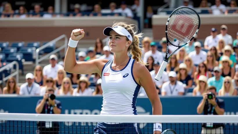 Young female tennis player celebrating match win with fist pump on blue hardcourt WTA stadium Cincinnati