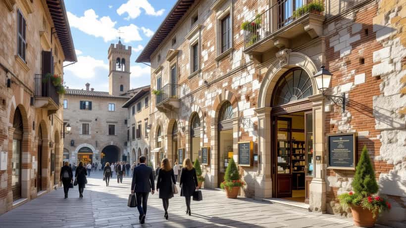 Filiale bancaria storica a Siena con dipendenti all'ingresso nel tardo pomeriggio