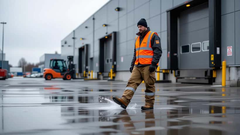 Lagerarbetare i orange säkerhetsväst halkar på isig lastbrygga vid ett logistiklager i Sverige under grå höstmorgon