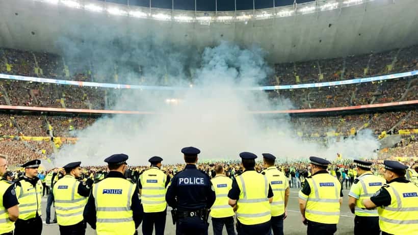 Österreichische Polizei vor dem Fanblock im Stadion beim Wiener Derby