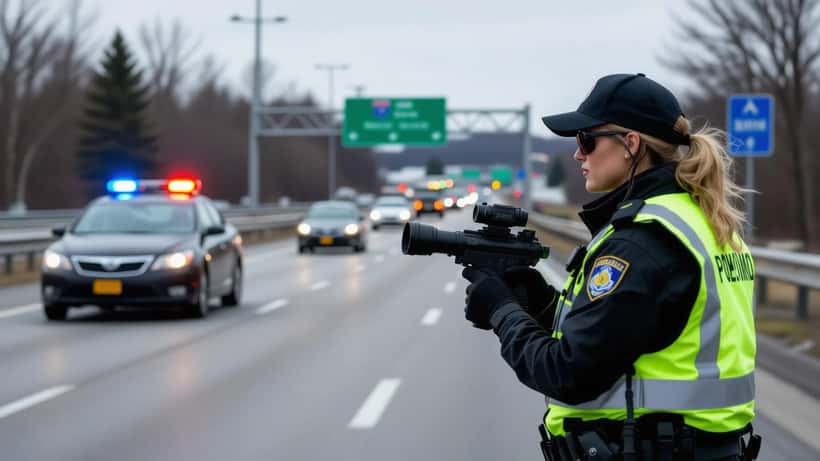 Agent de la Sûreté du Québec avec radar sur l'autoroute effectuant un contrôle de vitesse