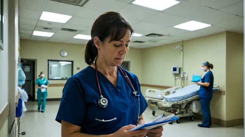 Médica de urgencias revisando expediente de paciente en pasillo de hospital con monitores médicos