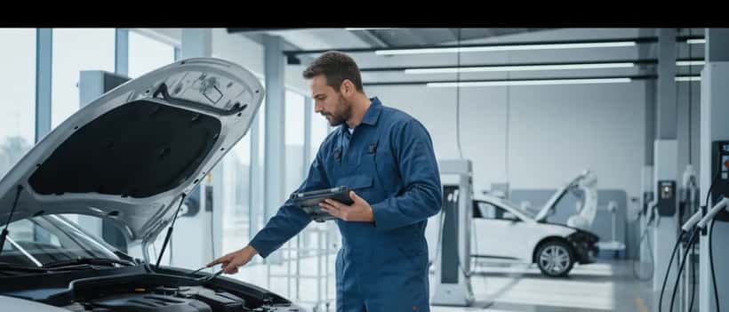 Mecânico português a examinar veículo elétrico com tablet de diagnóstico numa oficina moderna