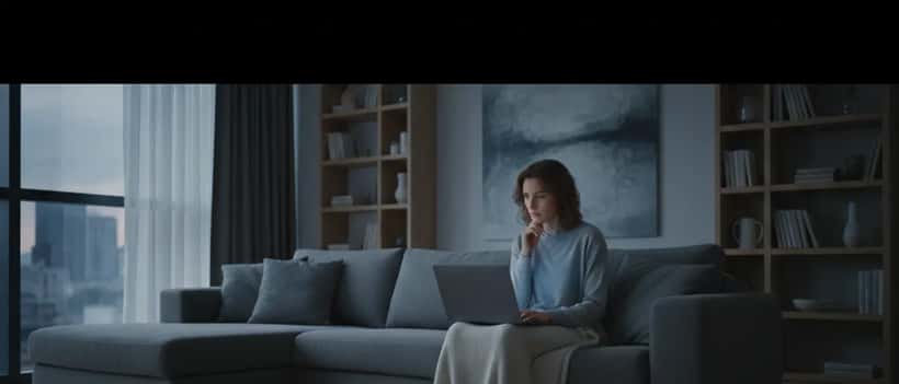 Personne seule regardant un film sur laptop dans une pièce peu éclairée, lumière de l'écran