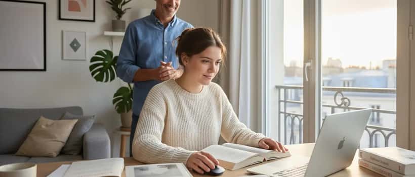 Enfant étudiant à la maison avec ses parents pendant une grève scolaire