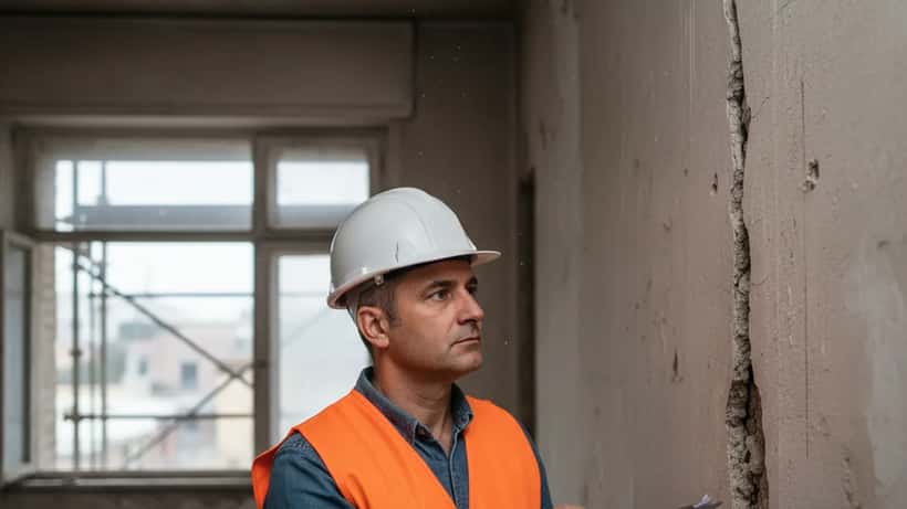 Ingegnere strutturale esamina crepe in un edificio residenziale in Abruzzo dopo il maltempo