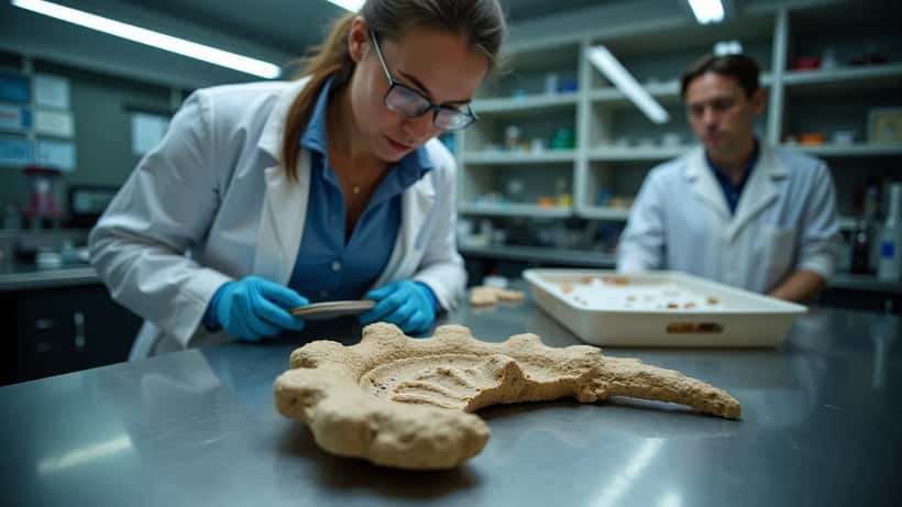 Marine bioloog in laboratorium in Leiden onderzoekt fossiel kaakbeen van prehistoric inktvis Nanaimoteuthis haggarti
