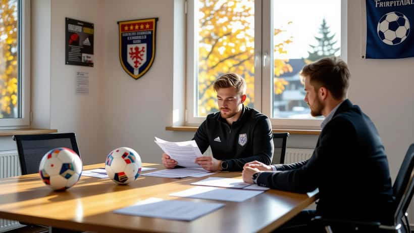 Jalkapalloilija tarkastelee pelaajasopimusta asianajajan kanssa Turun FC Inter -seuran toimistossa ennen Veikkausliigan kauden päätöstä.