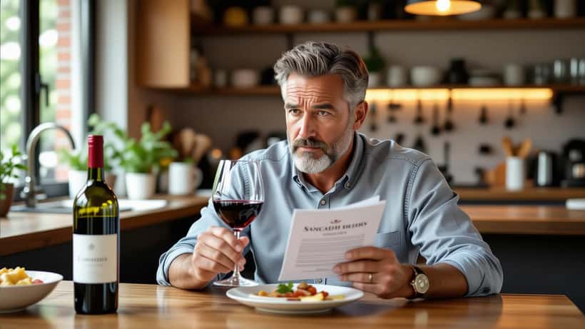 Homme tenant un verre de vin rouge tout en consultant les directives canadiennes de santé à la maison
