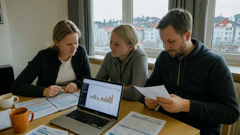 Norsk par gjennomgår boliglånsdokumenter og rentegrafer på bærbar PC ved kjøkkenbord i Oslo-leilighet