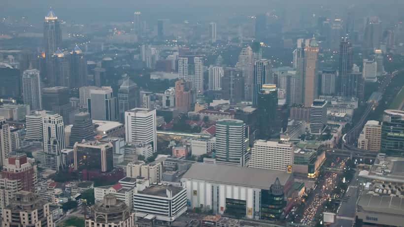 Aerial view of Bangkok Thailand city skyline at dusk hosting Eurovision Asia 2026