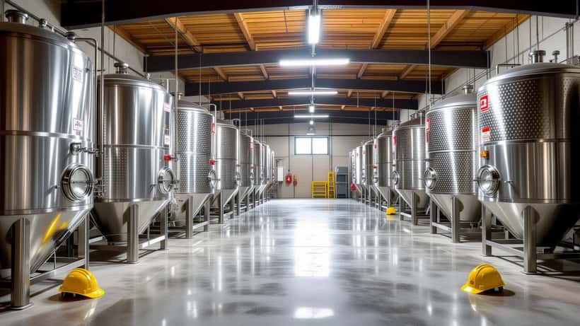 Cisterne in acciaio in una cantina sociale abruzzese all'alba, con segnaletica di sicurezza