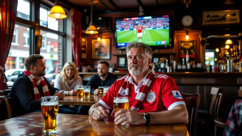 Supporter grijpt naar zijn borst tijdens een spannende voetbalwedstrijd in een kroeg