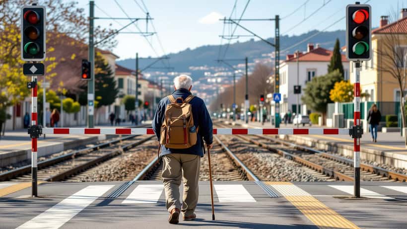 Peregrino com bordão e mochila a caminhar em direção a passagem de nível ferroviária em Coimbra