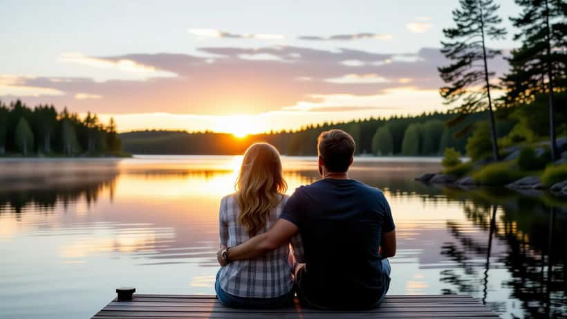 Suomalainen pari mökkilaiturilla kesällä 2026