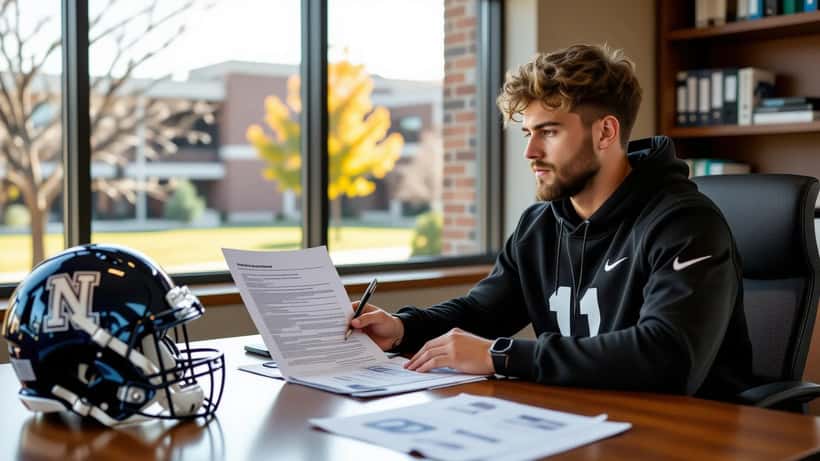 College quarterback reviewing NIL contract with sports attorney, football helmet and transfer portal documents on desk