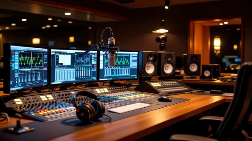 Professional radio broadcast studio with microphone and headphones in 2026