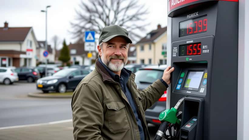 Dansk bilist fylder benzin på tankstation og kigger bekymret på prisskiltet