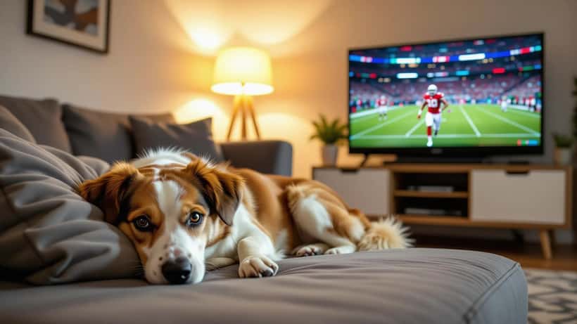 Bange hund ligger sammenkrøbet under en sofa, mens en tv-skærm viser en fodboldkamp i baggrunden
