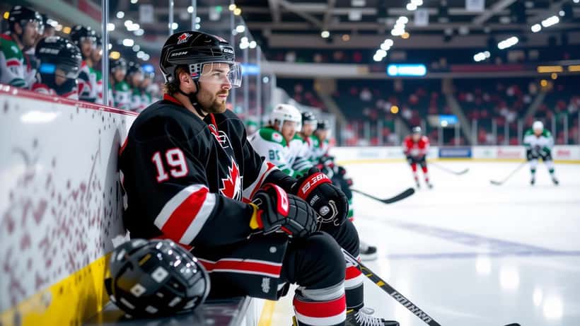 Recreational hockey player sitting on bench holding injured shoulder at community arena