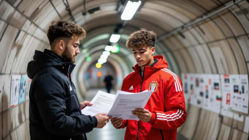 Jovem futebolista a rever contrato desportivo com advogado num túnel de estádio