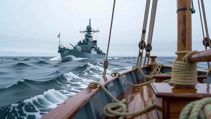 Graues Kriegsschiff am Horizont der Ostsee, gesehen vom Deck eines zivilen Segelboots