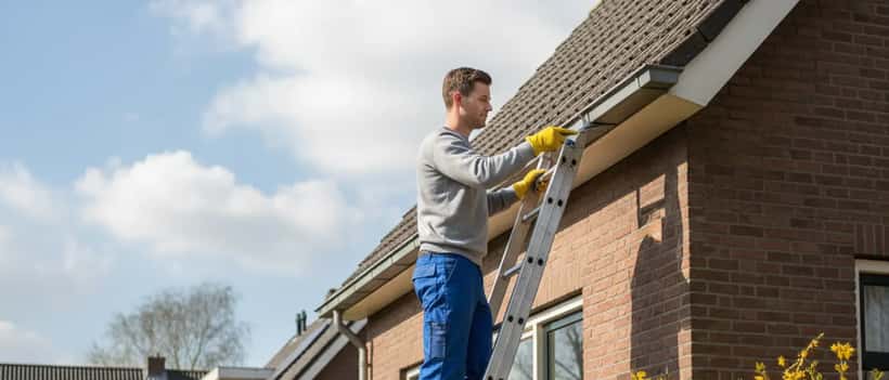 Nederlandse man reinigt dakgoot op zonnige paasdag in Rotterdam, veilig op ladder
