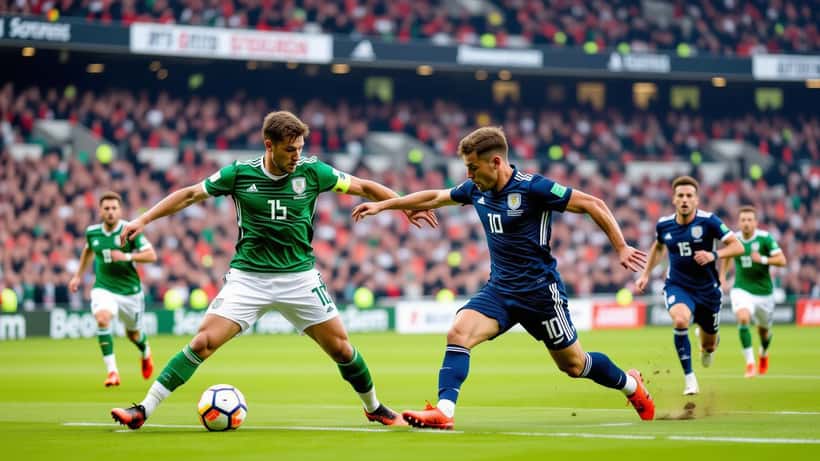 Jogadores em disputa de bola em partida da UEFA Nations League entre Eslovênia e Escócia, estádio lotado ao fundo