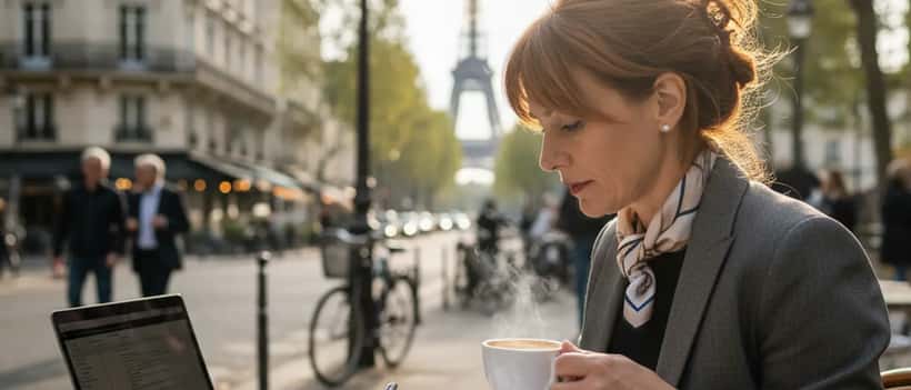 Femme indépendante révisant ses documents de planification financière dans un café parisien