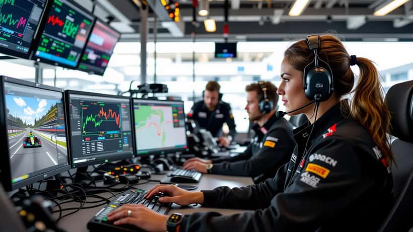 Vrouwelijke F1-ingenieur aan pitwall met race-strategie schermen en timing monitors