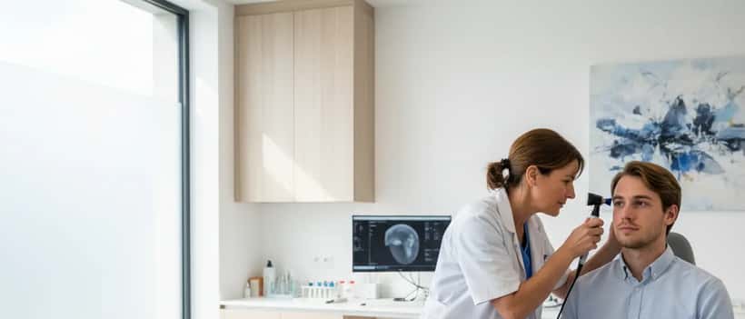 Médecin ORL français examinant l'oreille d'un patient dans un cabinet médical moderne
