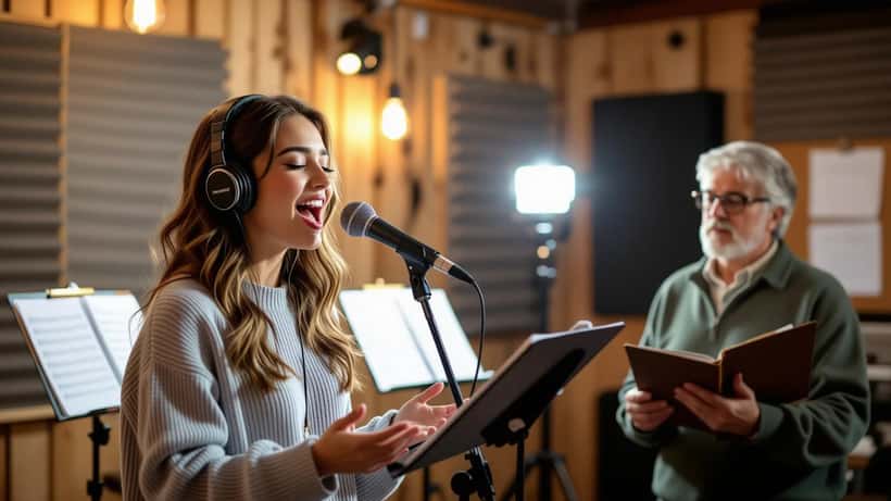 Young woman singing at microphone in rehearsal studio with vocal coach nearby — The Voice 2026 vocal health