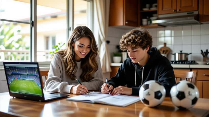 Professora particular de matemática ajuda estudante a calcular pontos do ranking da FIFA em um caderno com fórmulas
