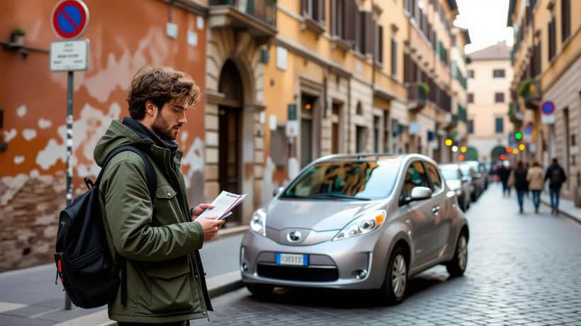 Minicar elettrica parcheggiata su strada acciottolata del centro storico di Roma con segnale ZTL