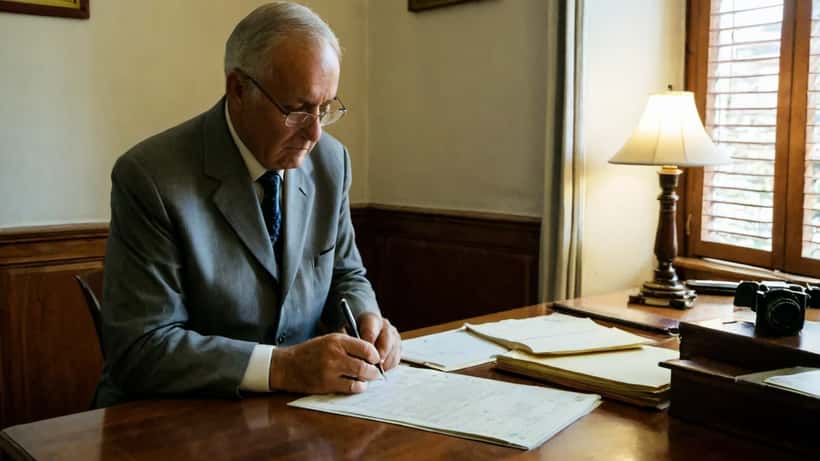 Notário em Lisboa a rever documentos de herança e testamento numa secretária