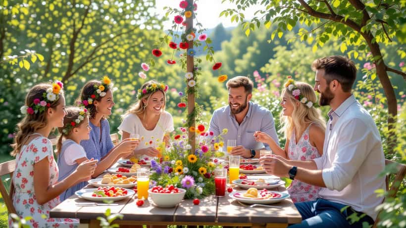 Svensk midsommarfest med blomsterprydd majstång och gäster vid dukade bord i solsken