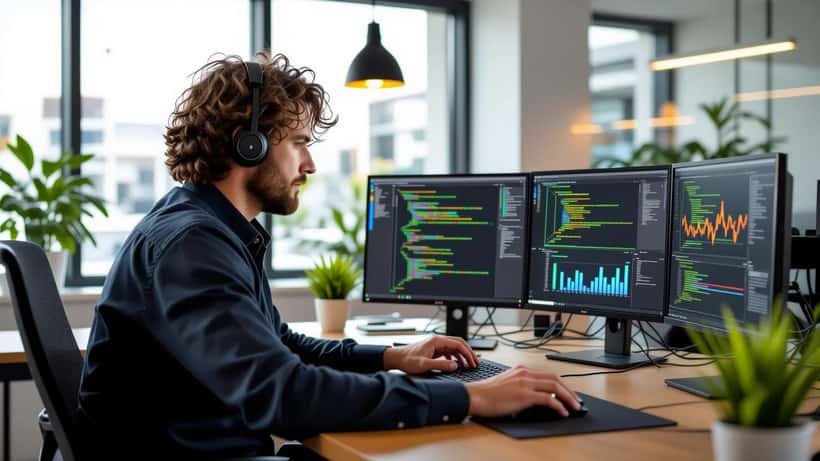 IT security consultant reviewing cybersecurity alerts on computer screens in a modern office