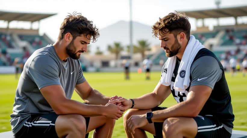 Médico desportivo examinando jogador de futebol exausto após treino em calor extremo na Arábia Saudita