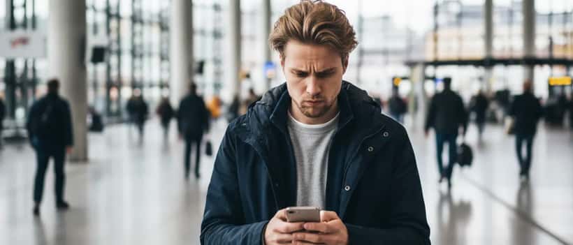 Svensk pendlare kontrollerar tåginformation på sin telefon vid Göteborgs centralstation