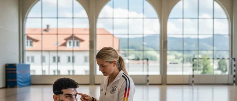 Fußballspieler mit transparenter Schutzmaske sitzt auf der Bank während ein Physiotherapeut seinen Kiefer untersucht